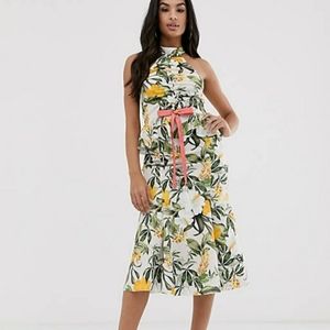 Asos design floral halter ruched front midi dress